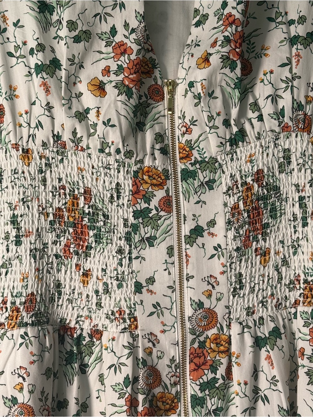 Anthropologie Cottage Garden Floral Gold Zipper Front Dress w Yellow Rust Blooms - Picture 6 of 11